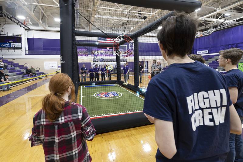 The Dixon High School Knights, a drone soccer team, works the controls Saturday, Feb. 24, 2024 in a match against their Reagan Middle School rivals. Dixon schools hosted the US Drone Soccer District VI championship. Winner earned a chance to compete at nationals.