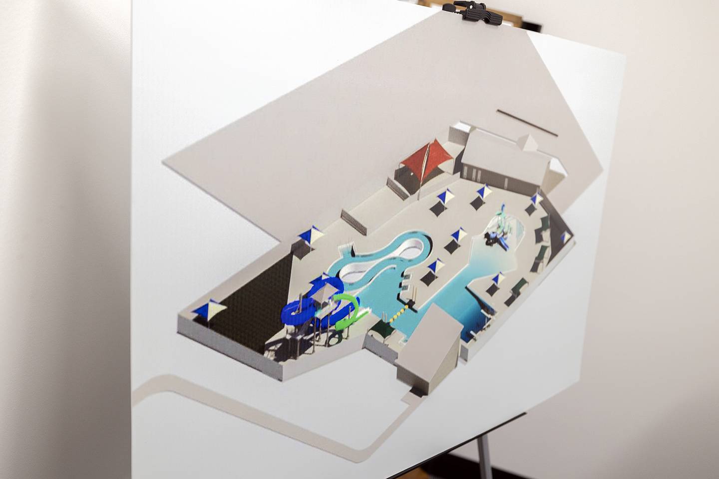 An artist’s rendering of an aquatic center is seen in the Dixon Park District office Friday, Oct. 18, 2024. The district has hopes to build the pool and is looking into funding options.