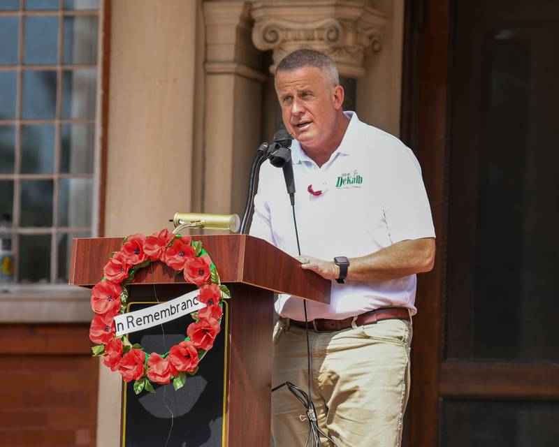 DeKalb Mayor Cohen Barnes speaks during the Memorial Day ceremony held on the Ellwood House Lawn in DeKalb on Monday May 30th.
