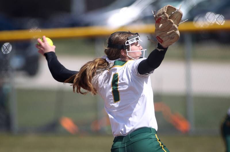 Waubonsie Valley’s Hannah Laub pitches against Oswego East during a home game on Friday, April 1, 2022.