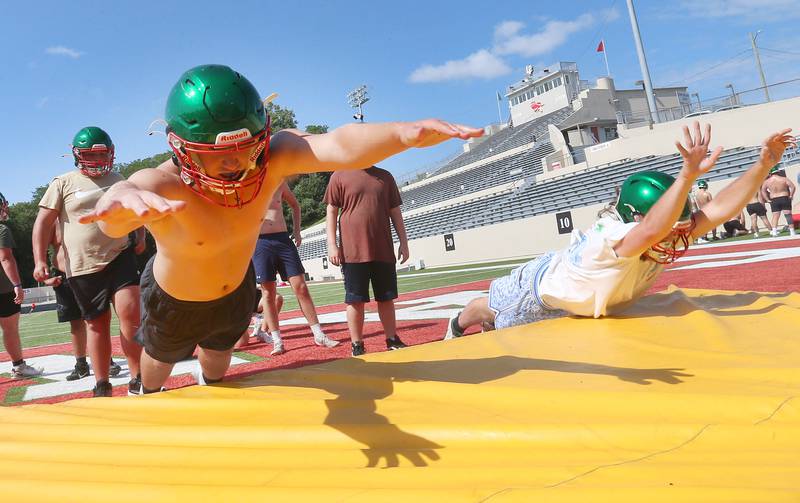 L-P's Jacob Turczyn, works on lineman drills during the first day of football practice on Monday, Aug. 11, 2025 at Howard Fellows Stadium. Turczyn also celebrated his birthday on the first day of practice.