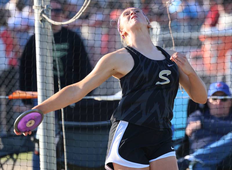 Sycamore’s Krista Cobb makes her winning throw in the discus finals Friday, May 15, 2026, during the Class 2A girls track sectional at Genoa-Kingston High School.