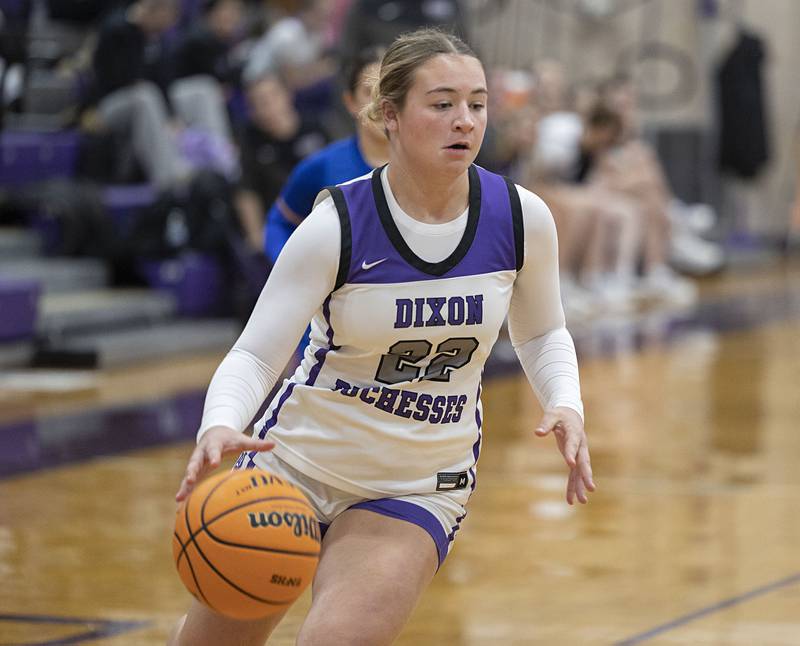 Dixon’s Abby Hicks drives to the hoop against Genoa-Kingston Tuesday, Jan. 27, 2026.