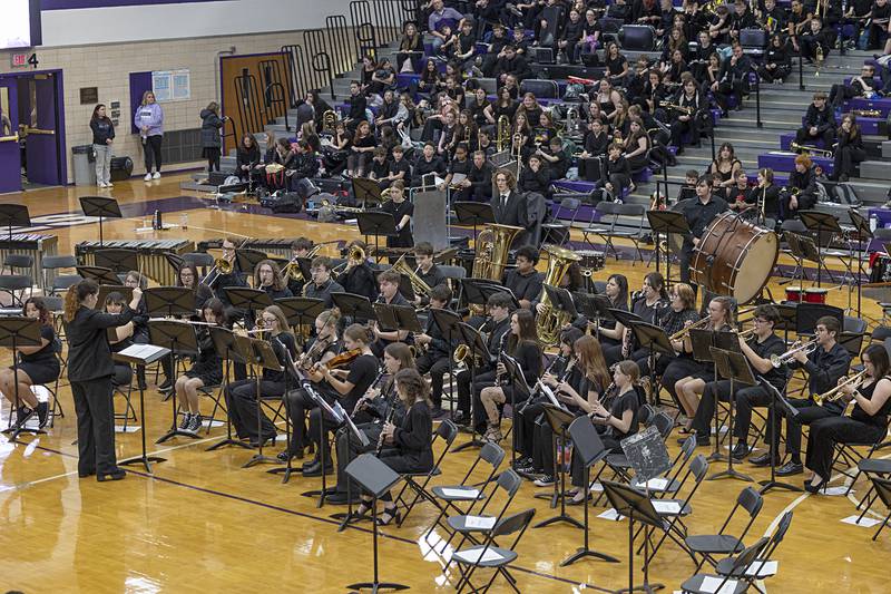 Led by Mercedes Maglio, the Dixon High School band plays a selection from the Star Wars series Friday, Feb. 13, 2026, during the Dixon Schools’ Band Festival. The night was capped off with band members from sixth grade to high school playing “Ode to Joy.”