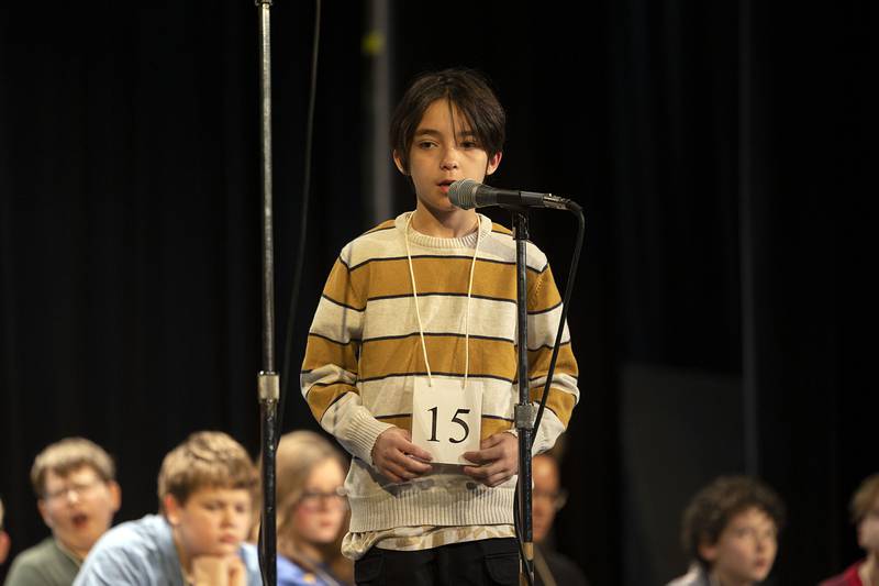 Lincoln Elementary fifth grader Baylee Nehring appears on stage Thursday, March 9, 2023 during the Lee-Ogle-Whiteside Regional Spelling Bee.
