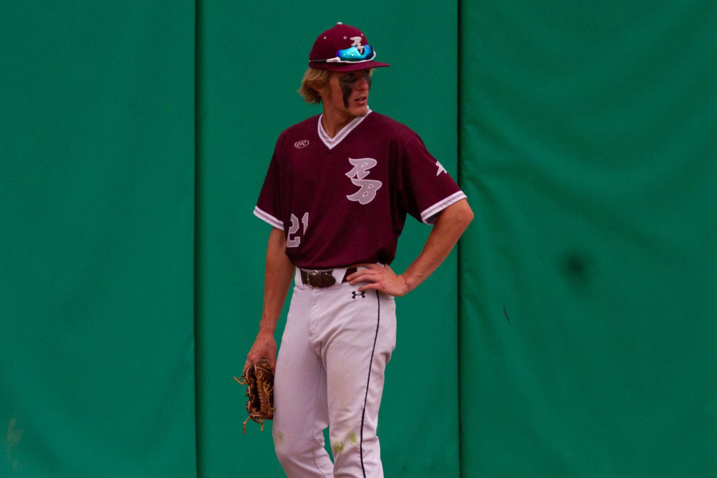 Richmond-Burton’s right fielder Ethan Schoeps waits for the game to resume against Joliet Catholic in the IHSA Class 2A championship game. Saturday, June 4, 2022 in Peoria.