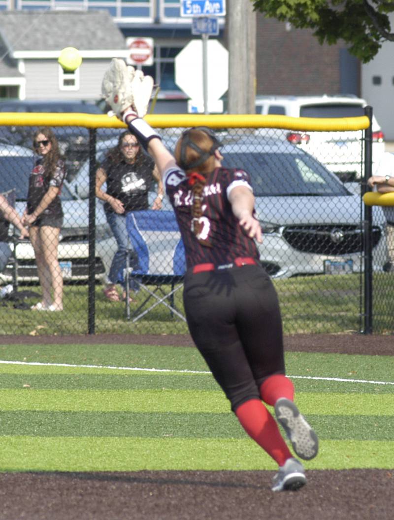 A fly ball escapes  Henry-Senachwine second baseman Brynna Anderson.  .Dakota and Henry-Senachwine softball met in  Illinois  Class 1A Super Sectional in Sterling on June 2, 2025. Dakota won the contest 2-0.