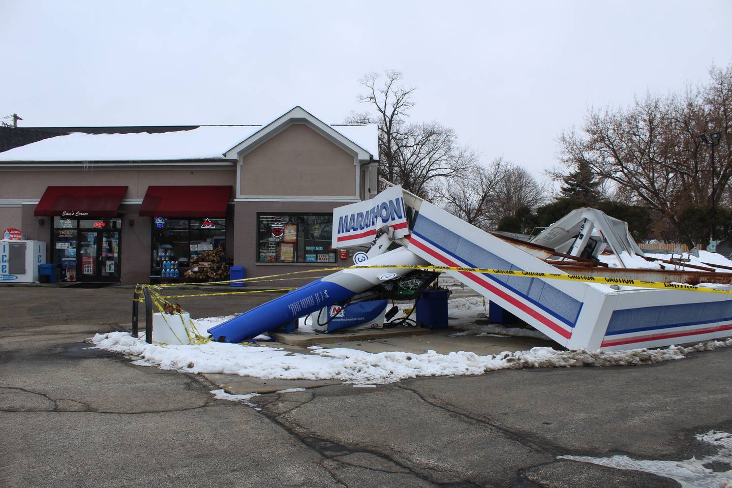 The Marathon gas station convenience store, located at 8 E. Main St., Cary, remains open after a canopy collapsed on Dec. 7, 2025.