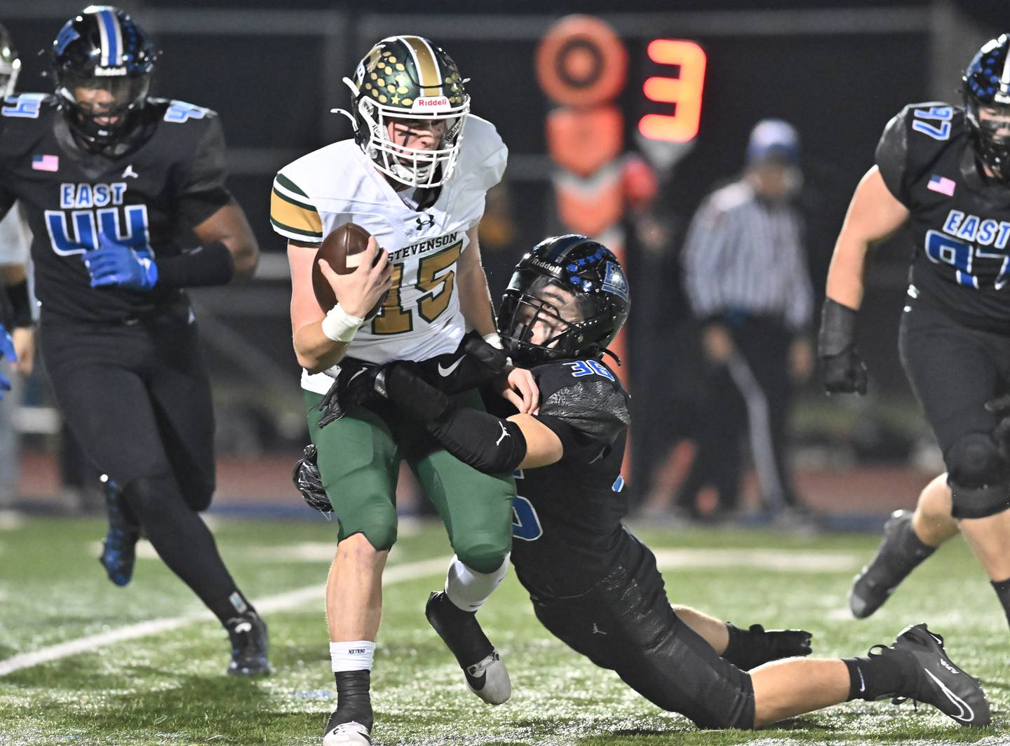 Stevenson's Aidan Elliot (15) in action during the IHSA Class 8A Quarterfinals game against Lincoln-Way East on Friday, Nov. 15, 2024, at Frankfort. (Dean Reid for Shaw Local News)