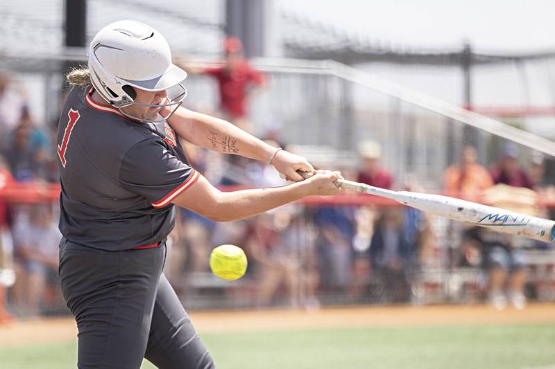 Charleston’s Sarah Moore swings and misses to end Charleston’s best scoring chance against Antioch Friday, June 9, 2023 in the class 3A state softball semifinal.