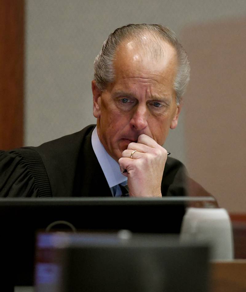 Judge Michael E. Coppedge listens as a victim’s impact statement is read into the record during Brett J. Herold's sentencing hearing Friday, Feb. 18, 2022, at the McHenry County Courthouse in Woodstock. Herold pleaded guilty in October to driving under the influence and failing to report a fatal crash.