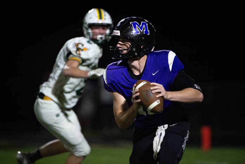 Manteno's Connor Harrod looks for an open man in a game against Coal City on Friday, October 3, 2025.