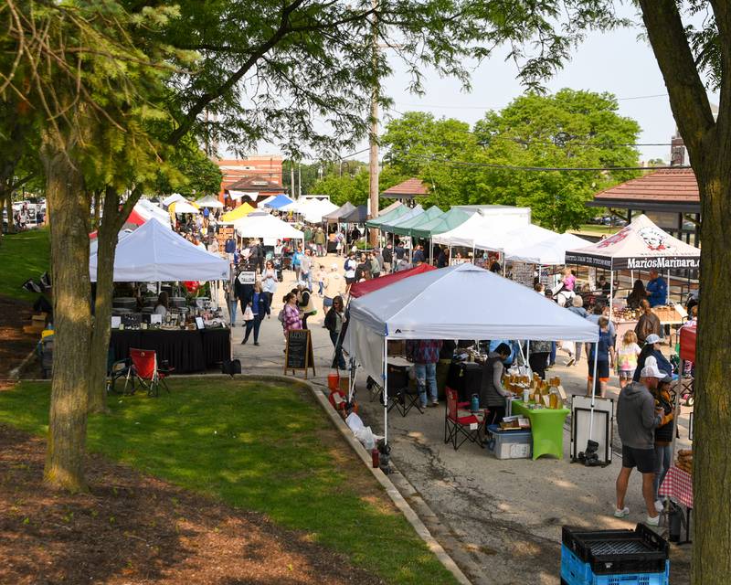 Tents fill the Main Street train station parking lot in Downers Grove for the Farmers Market on Saturday May 31, 2025, in downtown Downers Grove.