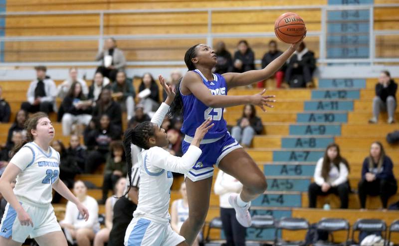 Lyons Township's Nora Ezike goes up for a shot during the West Suburban Conference championship game against Downers Grove South on Thursday, Feb. 13, 2025 at Willowbrook High School.