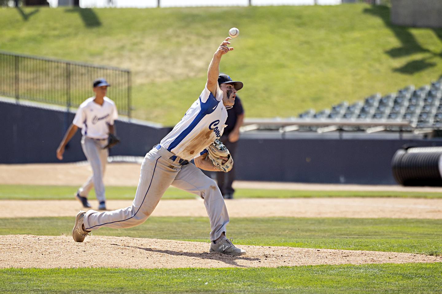 Newman’s Nolan Britt fires a pitch in the last inning against Goreville Saturday, June 3, 2023 during the IHSA class 1A third place baseball game.