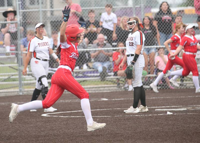 Bradley-Bourbonnais's Suttyn Hop rounds second base after hitting a home run during the Class 4A Supersectional game on Friday, June 6, 2025 at Monticello High School.