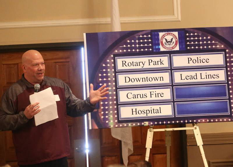 La Salle mayor Jeff Grove plays a game of "Family Feud" with La Salle themed questions during the Illinois Valley Chamber of Commerce State of the Cities luncheon on Wednesday, March 27, 2024 at Grand Bear Resort at Starved Rock in Utica.
