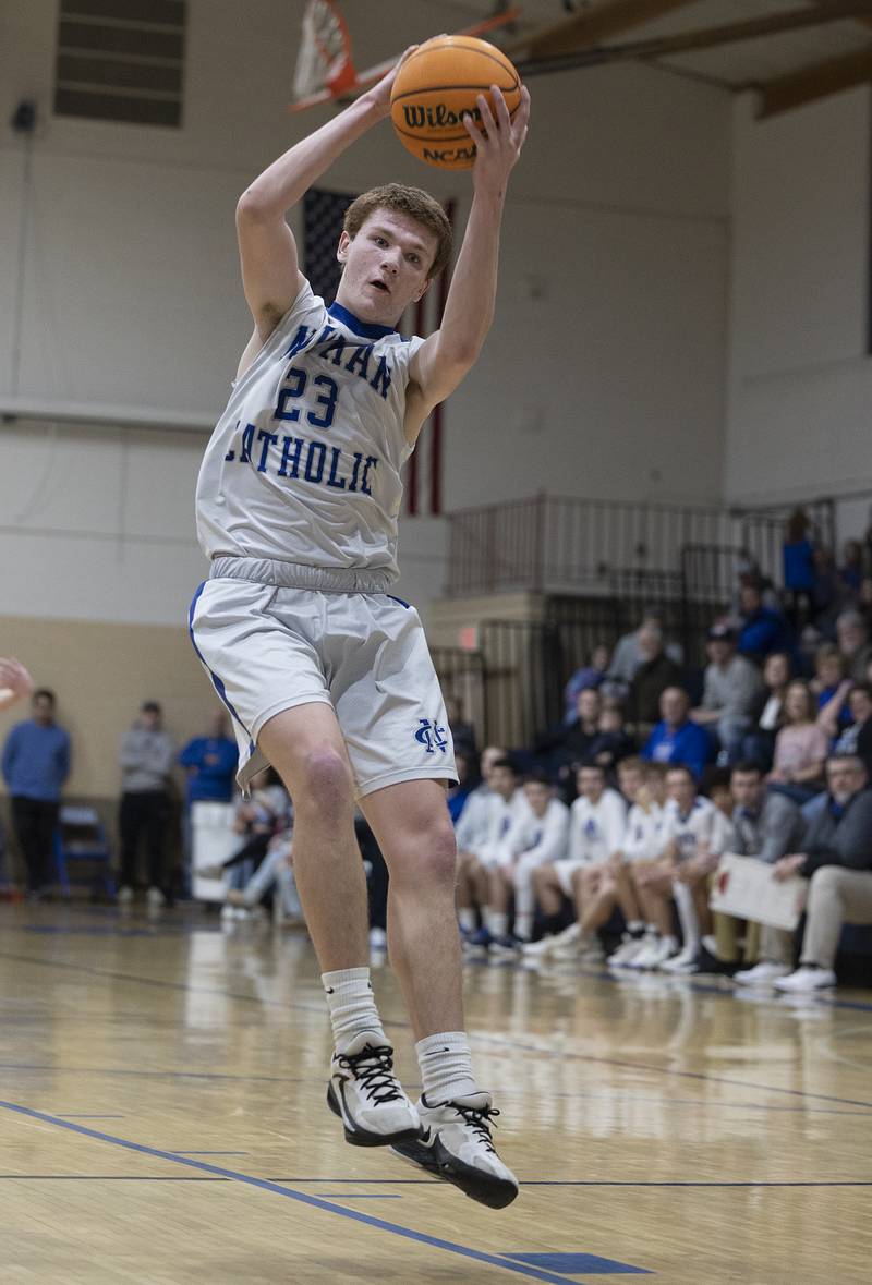 Newman's John Rozwee hauls in a pass against Hall Friday, Jan. 17, 2025 at Newman High School.