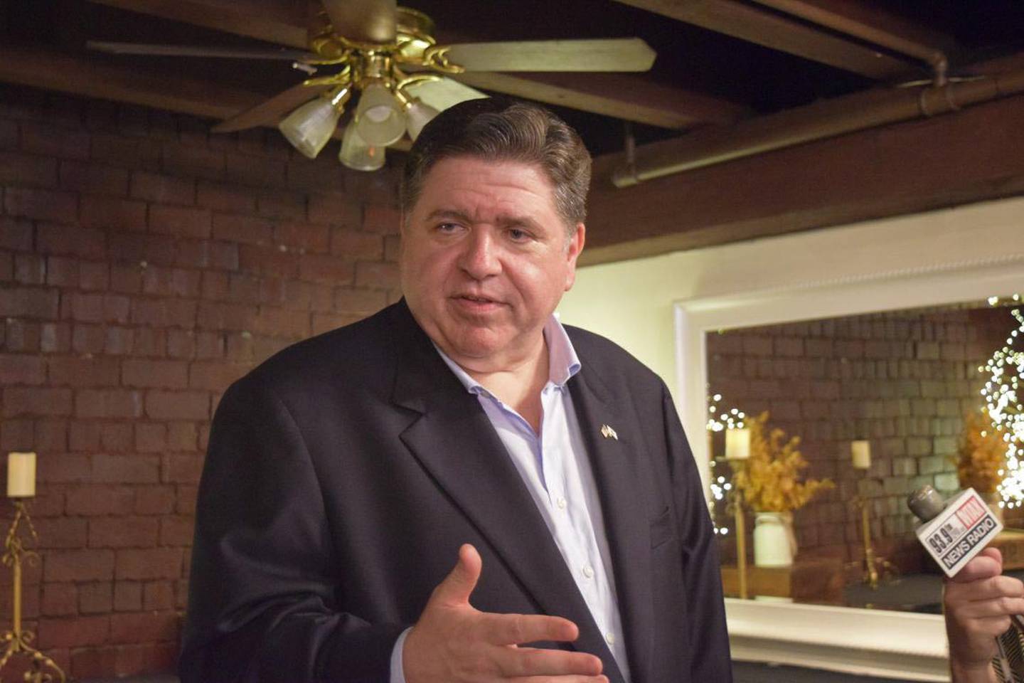 Gov. JB Pritzker speaks with reporters after his campaign announcement in Springfield on Thursday, June 26, 2025.
