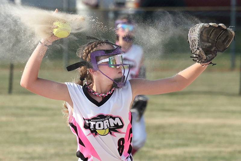 Kishwaukee Valley Storm 10u player Emma Wilczek finds the ball among the dirt in her glove to throw to first for an out Wednesday, June 21, 2023, during a scrimmage game against the Poplar Grove Power at the Sycamore Community Sports Complex. The Kishwaukee Valley Storm is hosting the Storm Dayz tournament this weekend which draws about 70 teams and runs Friday through Sunday in Sycamore.