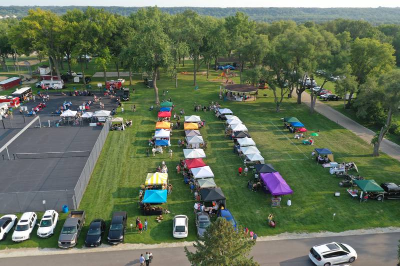 An aerial view of the Friday Night Market's event on Friday, Aug. 18, 2023 at Kirby Park in Spring Valley. These well-loved markets, traditionally held on the third Friday of each month, moved from the downtown location in the mini park to the captivating and spacious Kirby Park. Fireworks concluded the event.