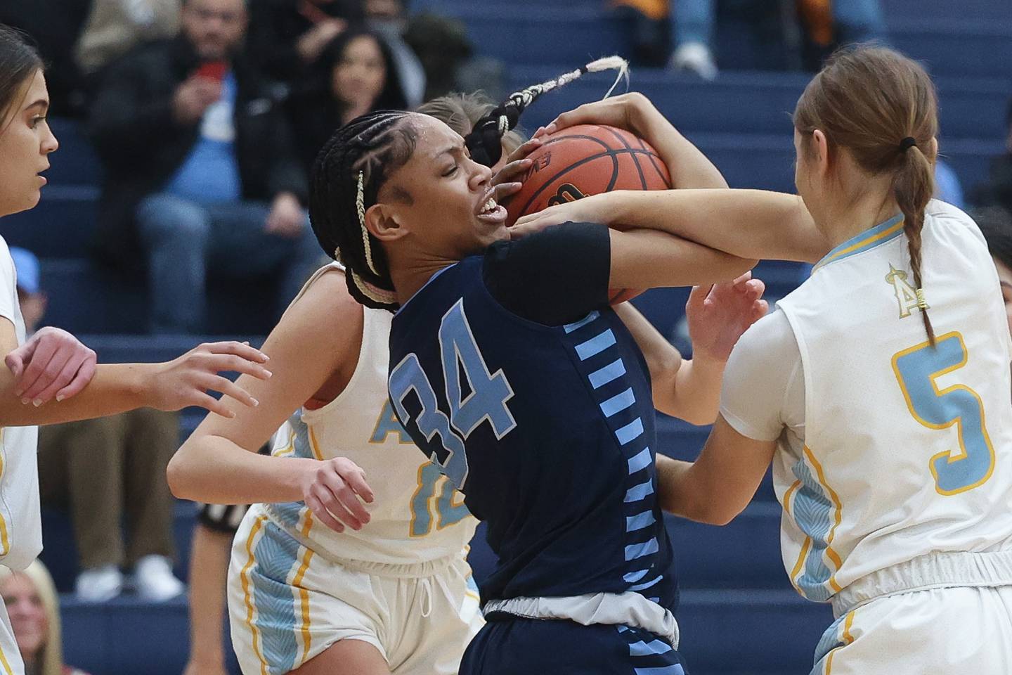 Plainfield South’s Jazlynn Foster fights for possession against Joliet Catholic on Monday, Jan. 29th, 2024 in Joliet.