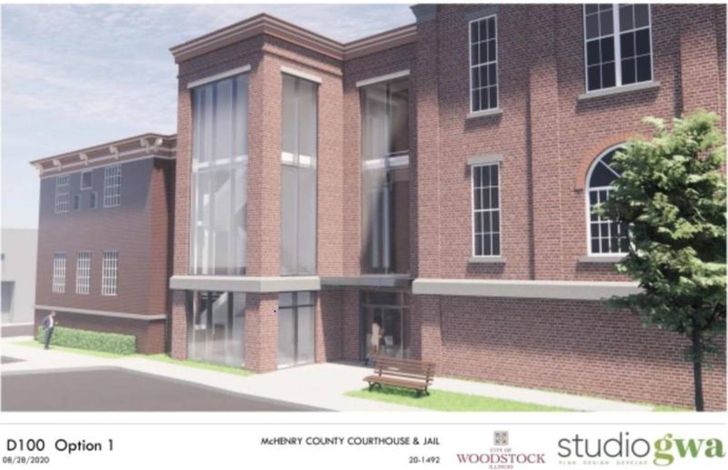 A rendering of the proposed connector building design for the Old Courthouse and Sheriff's Jail approved by the Woodstock City Council Tuesday.