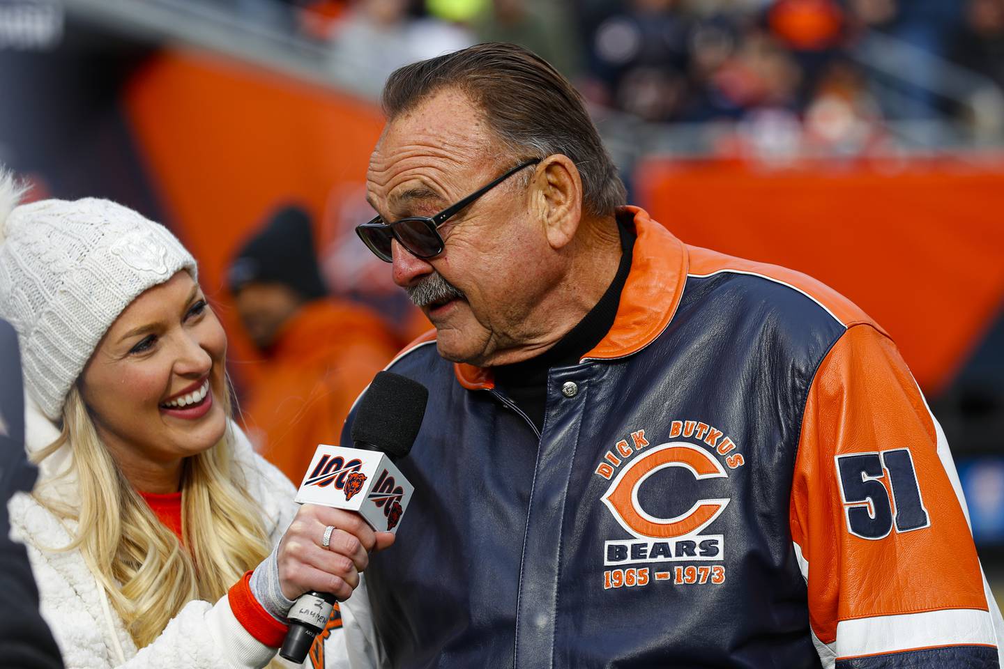 Chicago Bears legend Dick Butkus is interviewed during a game between the New York Giants and the Chicago Bears in Chicago, Sunday, Nov. 24, 2019.