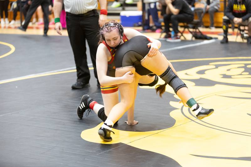 Batavia's Ava Florentine and Naperville Central's Ava Genovsi competes in the 135 lb class at the Batavia Girl's Invitational on Friday, Jan. 16,2026 in Batavia.