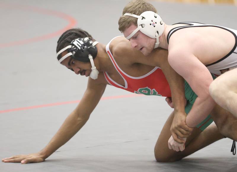 L-P's Jerry Jones wrestles Kaneland's Jach Gruber during a meet on Thursday, Jan. 22, 2026 in Sellett Gymnasium at L-P High School.