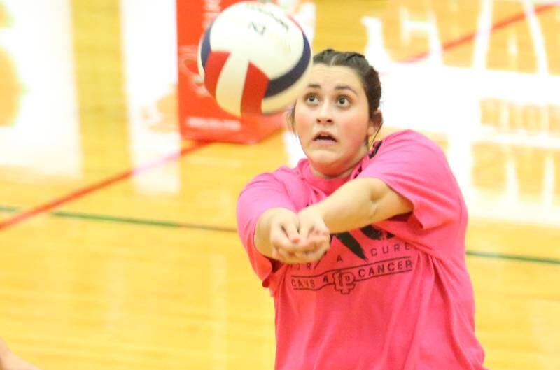 L-P's Carly Garretson returns a block from Ottawa during Volley for a Cure night on Tuesday, Oct. 1, 2024 at AJ Sellett Gymnasium.