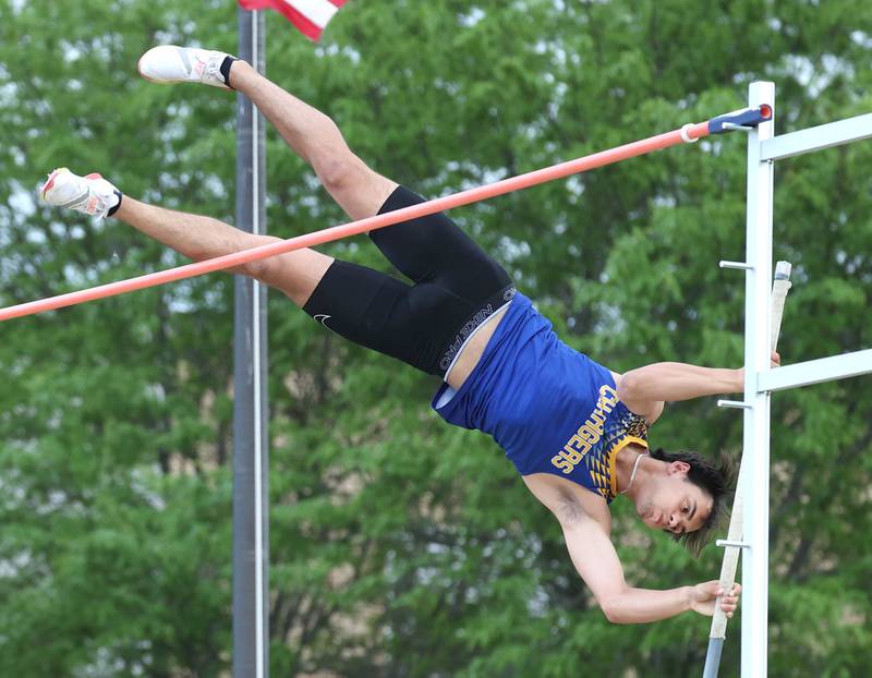 Aurora Central Catholic’s Daniel Eberle participates in the pole vault Thursday, May 16, 2024, during the Class 2A boys track sectional at Sycamore High School.