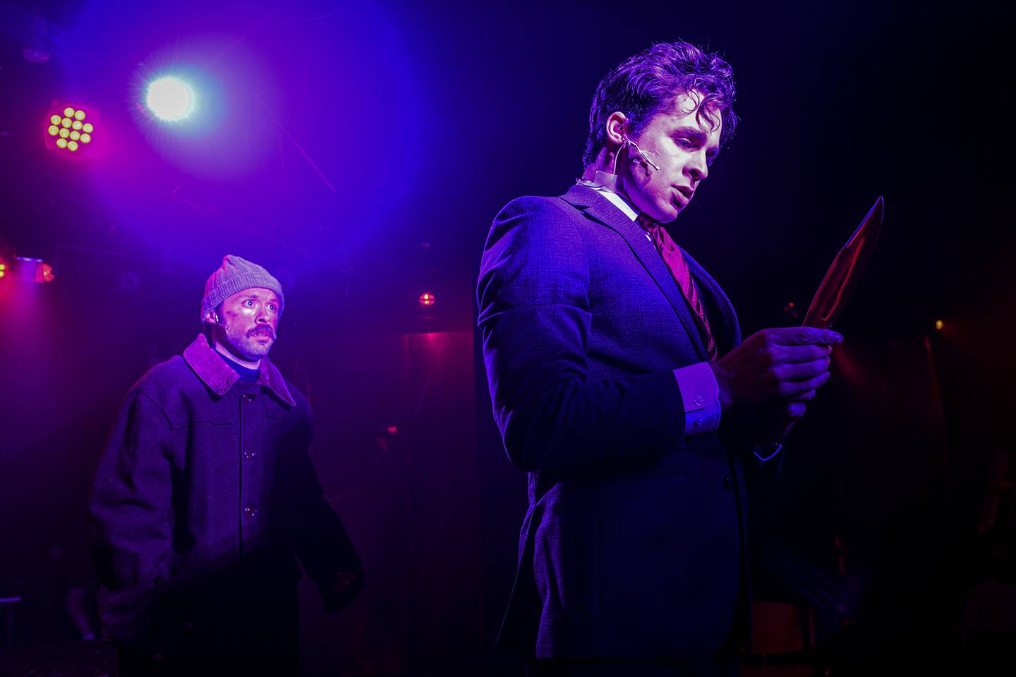 American Psycho 2 (left to right) Ryan Armstrong and Kyle Patrick in Kokandy Productions’ Chicago premiere of American Psycho: The Musical. Photo by Evan Hanover.