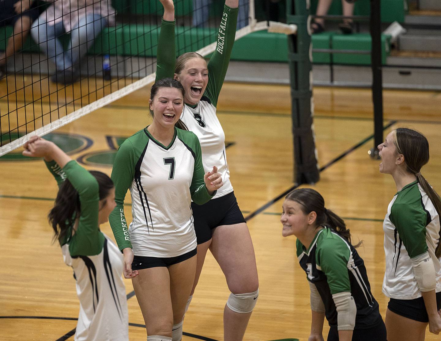 Rock Falls celebrates their first set win over Rochelle Monday, Sept. 29, 2025.