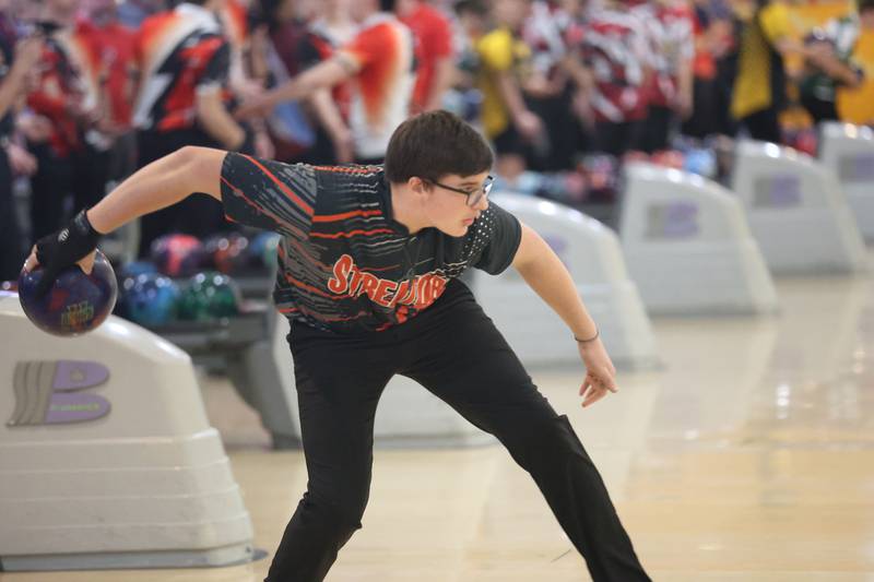 Streator's Brayden Bradley bowls on Friday, Jan. 16, 2026 at the Illinois Valley Super Bowl in Peru.