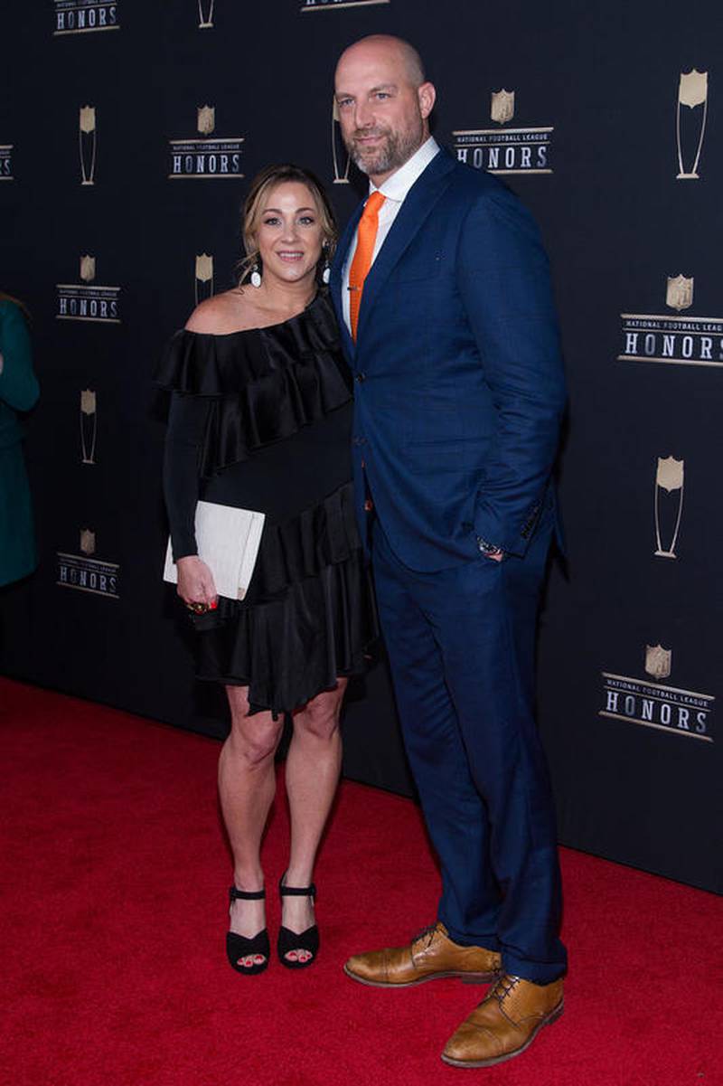 Stacey Nagy and Matt Nagy walking the red carpet at the NFL Honors event held at the Fox Theatre in Atlanta on Saturday, Feb. 2, 2019. Matt Nagy, the head coach of the Chicago Bears, was named the AP Coach of the Year.