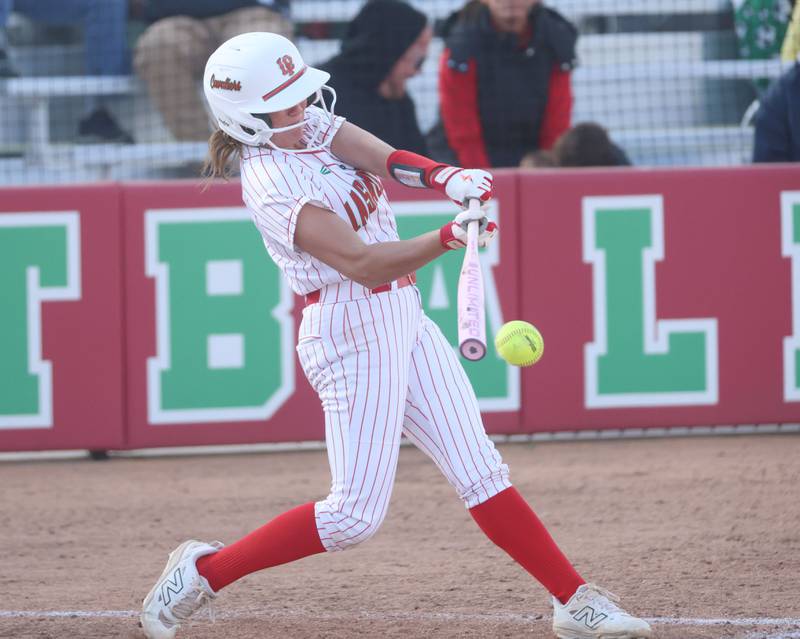 L-P's Karmen Pieno gets a hit against Ottawa on Wednesday, April 29, 2026 at the L-P Athletic Complex in La Salle.