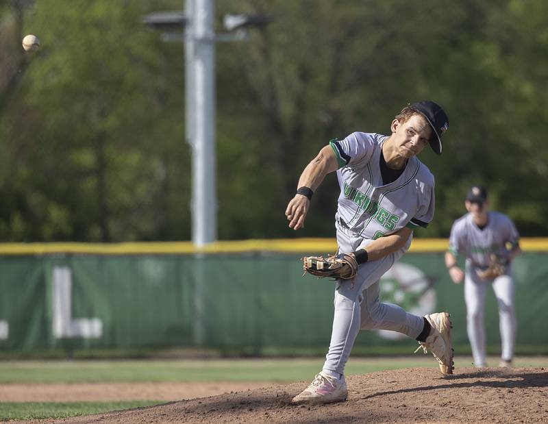 North Boone’s Andrew Self fires a pitch against Rock Falls Tuesday, April 28, 2026.
