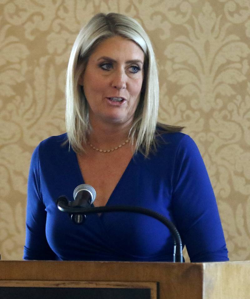 Award recipient Nancy Binger speaks during the Northwest Herald's Women of Distinction award luncheon Wednesday June 7, 2023, at Boulder Ridge Country Club, in Lake in the Hills. The luncheon recognized 10 women in the community as Women of Distinction.