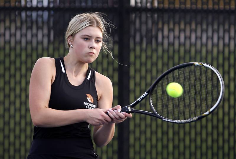 McHenry’s Maye Waters returns the the ball during a Fox Valley Conference tennis match on Monday, Sept. 25, 2023, at Crystal Lake Central High School.