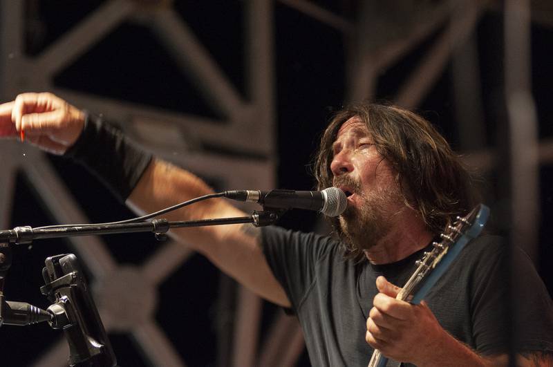 Dave Grohl doppleganger for the “Foo Fighters” tribute band, “Too Fighters,” plays to the crowd Saturday, July 2, 2022 at Dixon’s Petunia Fest.
