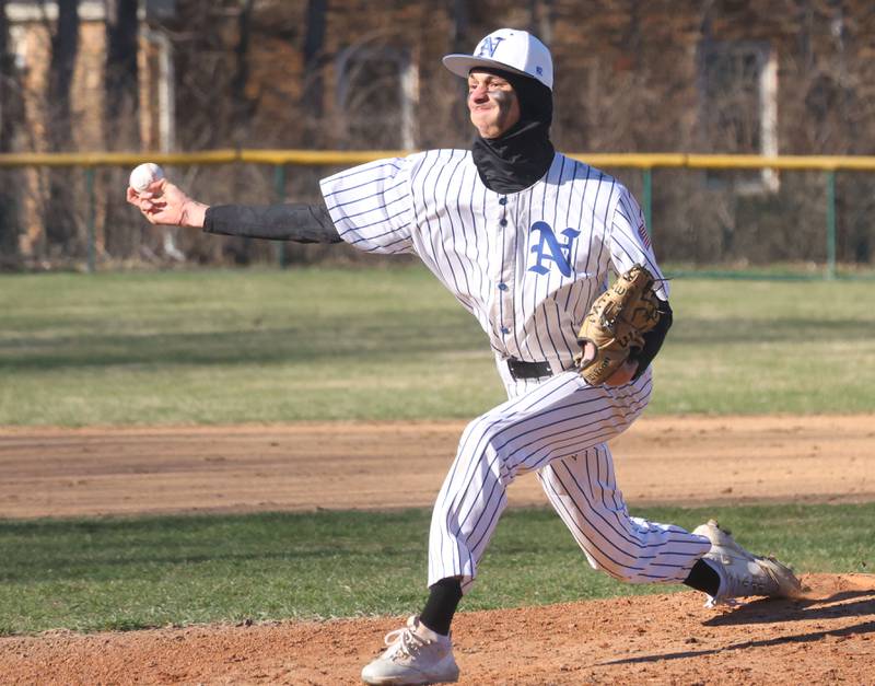 Newark pitcher Kiptyn Bleuer lets go of a throw to Marquette on Monday, March 23, 2026 at Newark High School.
