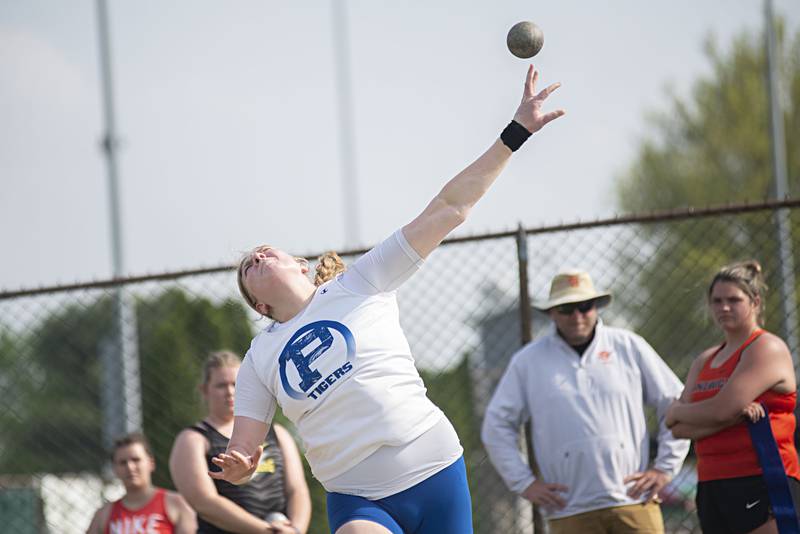Princeton's Morgan Foes throws the shot at the 2A track sectionals in Geneseo on Wednesday, May 11, 2022.
