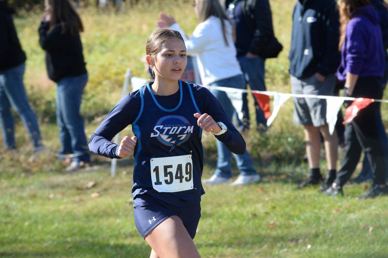 Bureau Valley's Gemma Moore runs at the 51st Annual Columbus Day Invitational at Shady Oaks Golf Club in Sublette on Monday, Oct. 14. 2024.