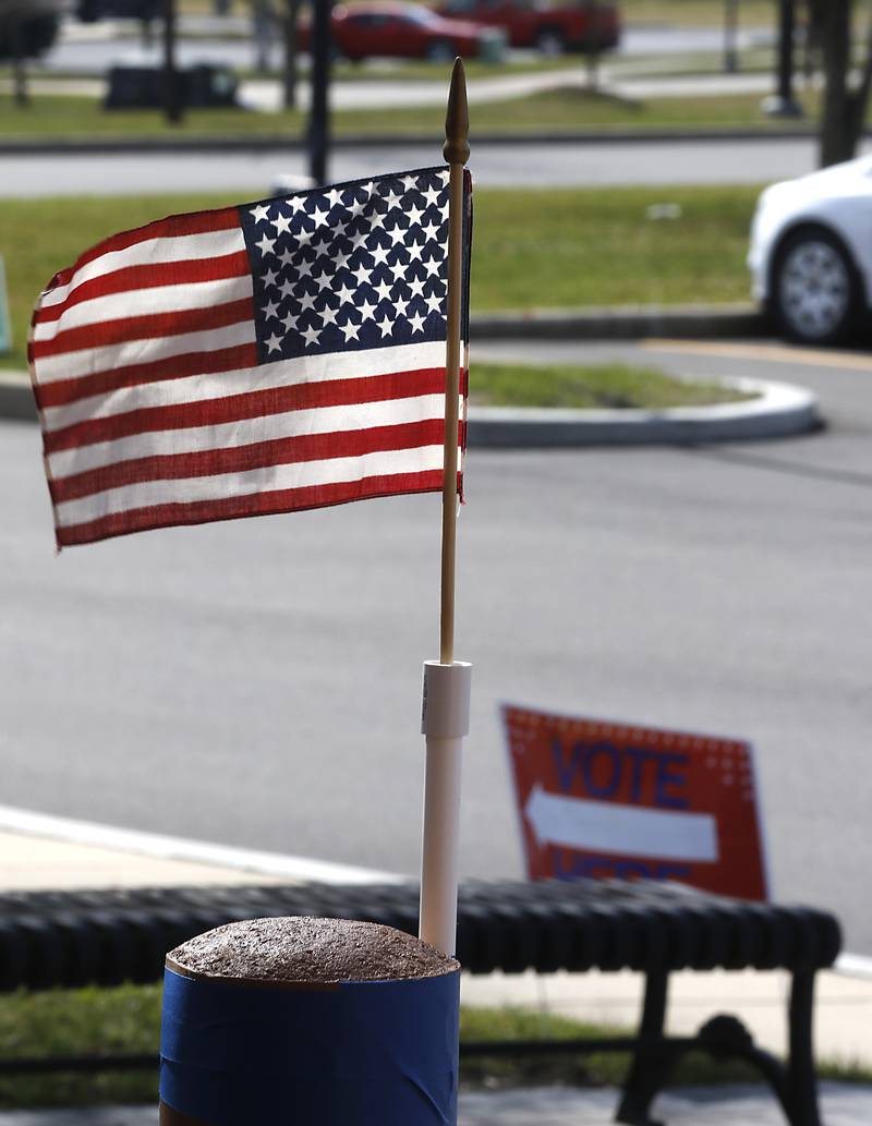 An American flag marks the entrance to the poling place on Tuesday, March 19, 2024, at the McHenry City Hall during the spring primary election.