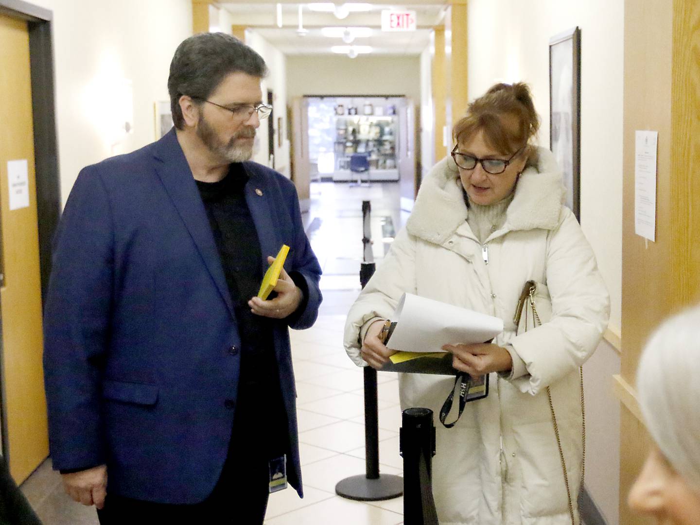 McHenry County Clerk Joe Tirio talks with county board member Tracie Von Bergen as she prepares to file paperwork to run for for reelection next year. Monday, Nov, 27, 2023, was the first day of filing for the March 19, 2024 primary race.