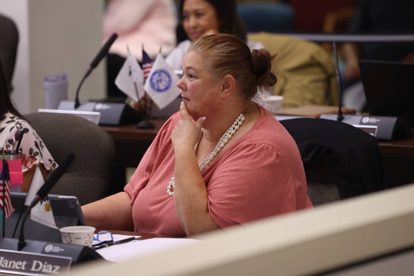 Will County board member Janet Diaz sits in on the Will County board meeting on Thursday, Aug. 17, 2023 in Joliet.