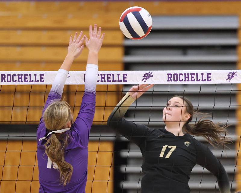 Sycamore's Laney Block tries to tip the ball by Rochelle's Reese Kissack Tuesday, Oct. 28, 2025, during their Class 3A regional semifinal match at Rochelle High School.