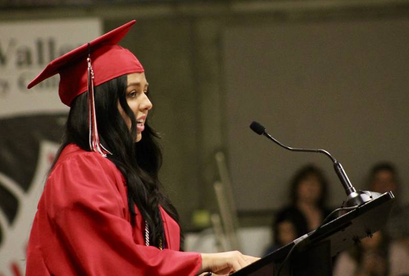 Honors graduate Blerina Mimini gives one of the student addresses during the Sauk Valley Community College commencement on Friday, May 13, 2023.