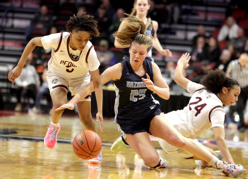 Peoria's Danielle Ruffin (left) and Nazareth Academy's Amalia Dray (right) go after a loose ball during the Class 3A girls basketball state semifinal against Peoria at Redbird Arena in Normal on Friday, March 3, 2023.